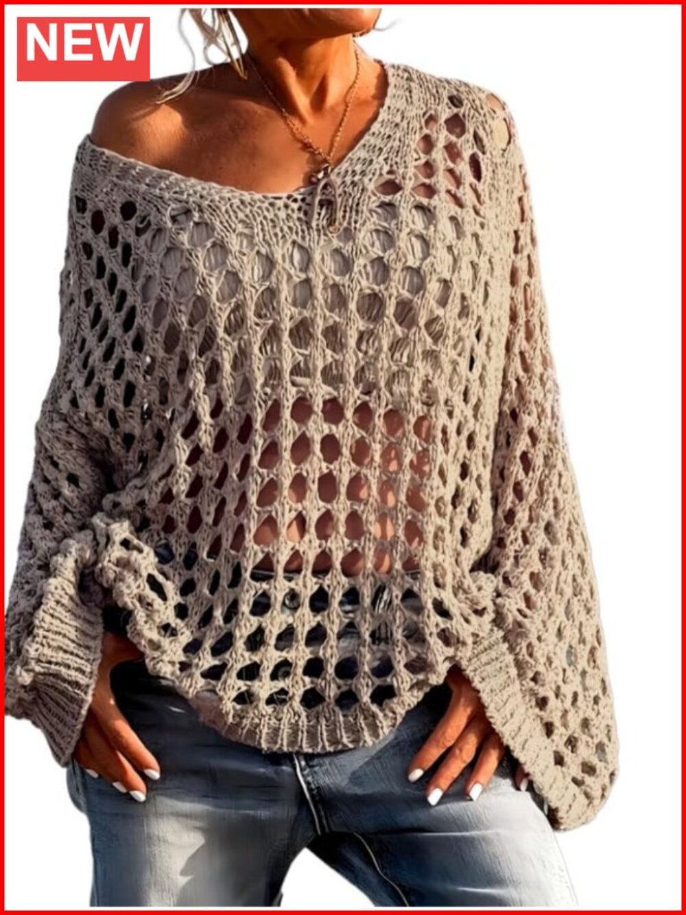 Womens Oversized Crochet Sweater V-Neck Long Sleeve Knit Pullover Hollow Out Top